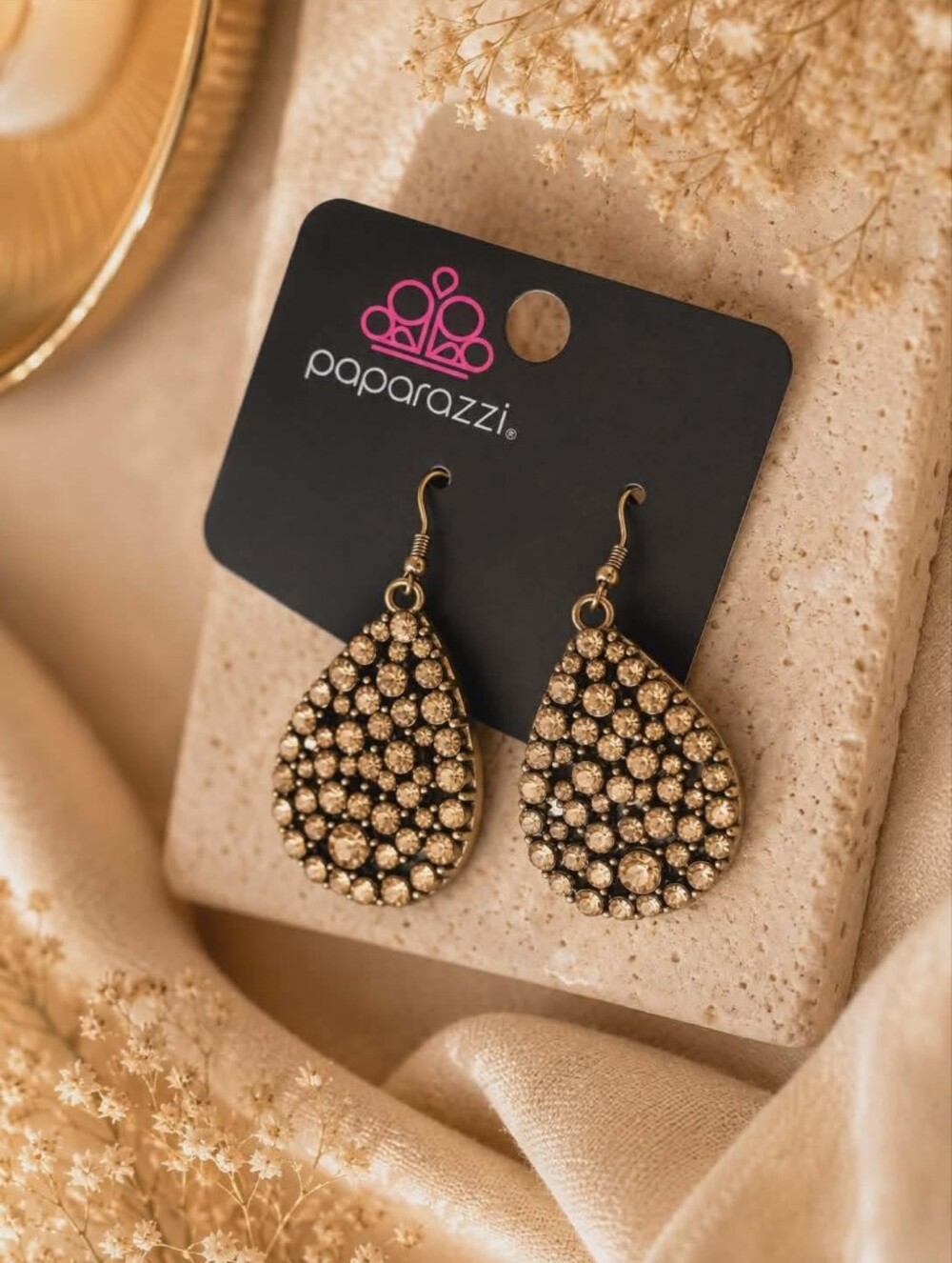 paparazzi Gold Teardrop Crystal Dangle Earrings - Champagne Stones